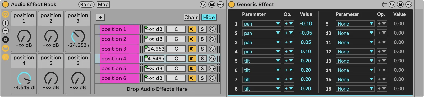 Audio Effect Rack with one chain per position, each holding a Generic Effect